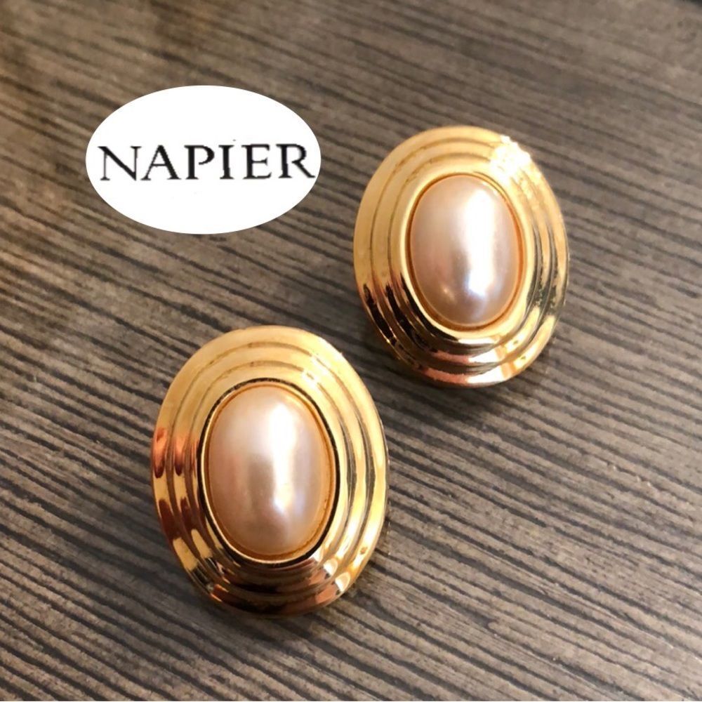 Vintage NAPIER Oval Button Earrings Faux Pearl Center